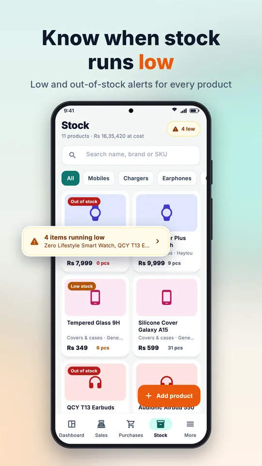 Stock list with low-stock alerts