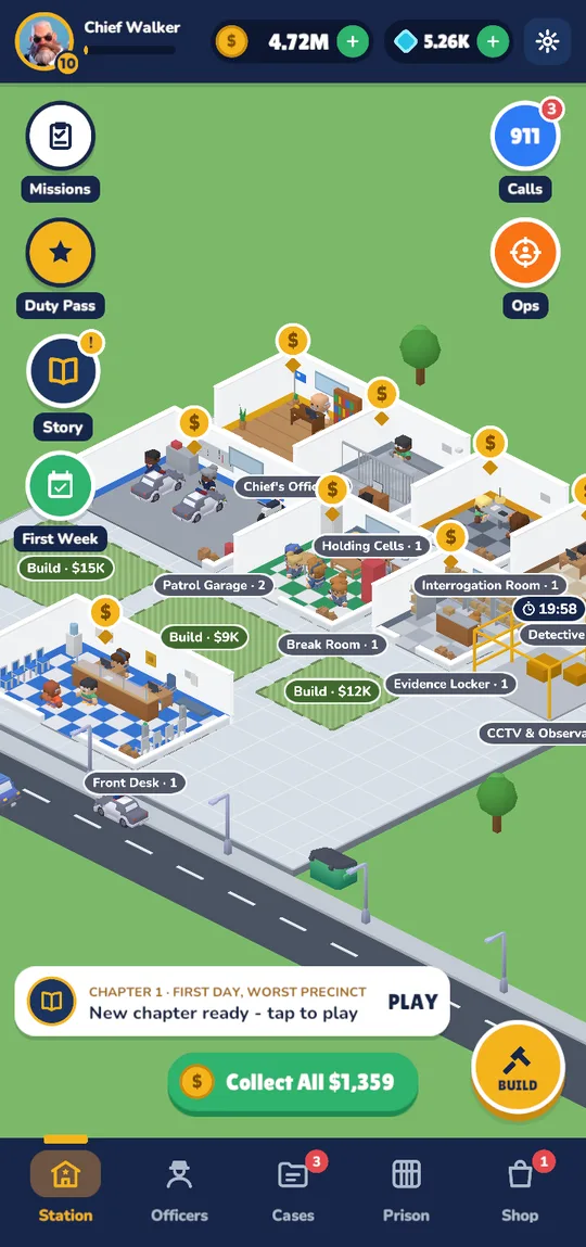 Police Chief precinct with rooms, patrol cars and the 911 call button